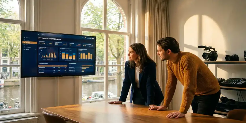 Twee professionals bekijken een CTV-campagnedashboard in een Amsterdams grachtenpandkantoor met warm middaglicht.