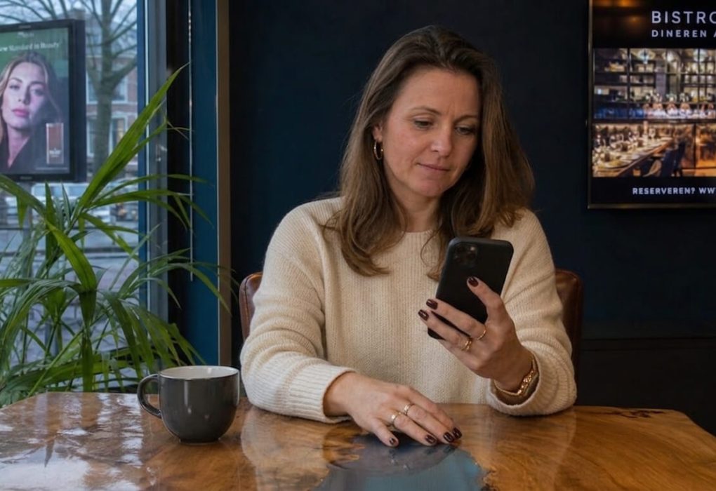 Vrouw bekijkt advertentie op haar smartphone.