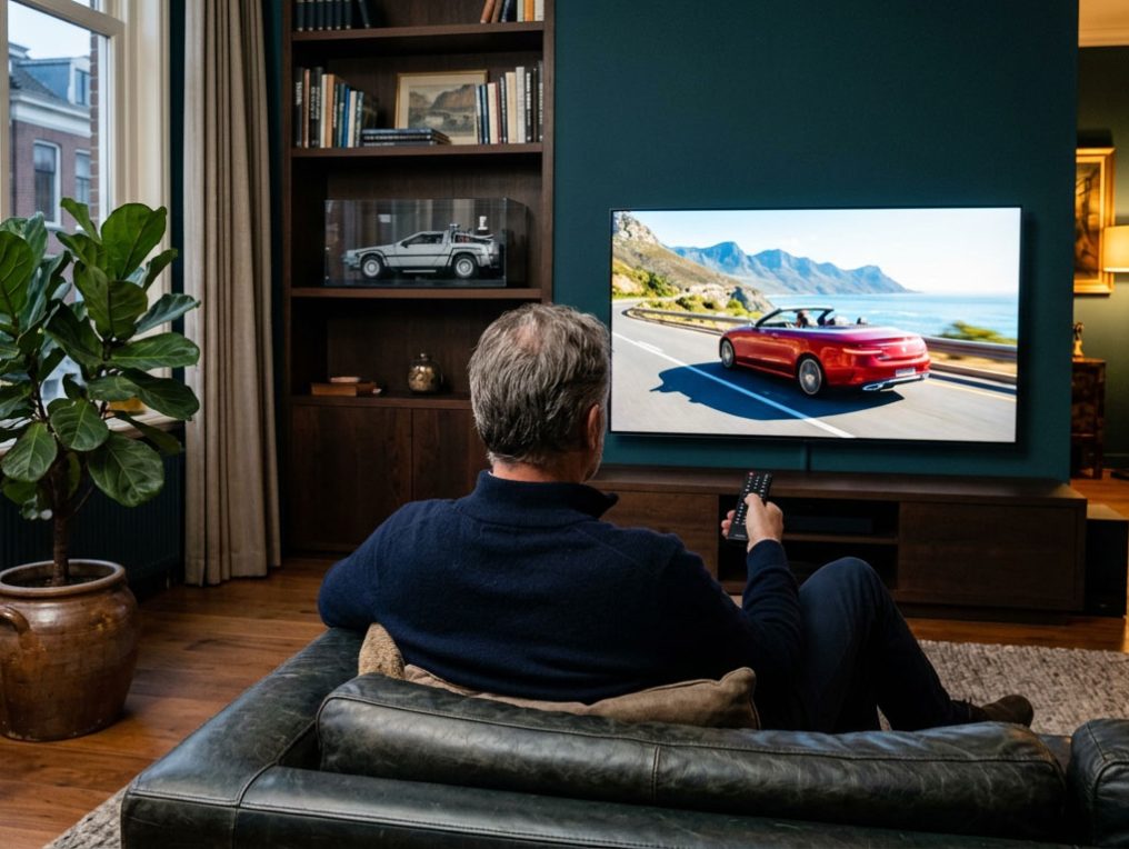 Man watching an automotive commercial